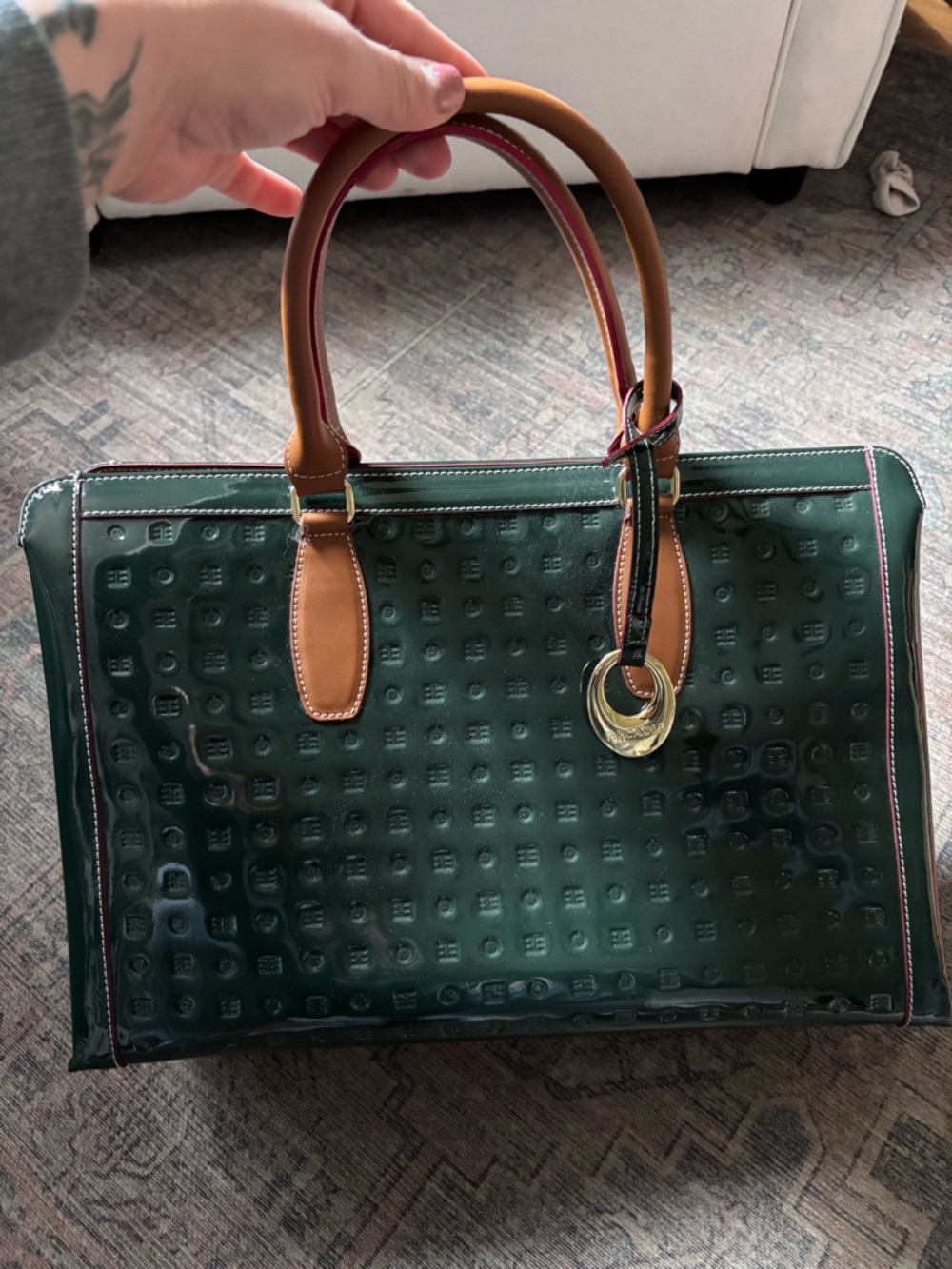 Arcadia Dark Green Embossed Tote with Tan Handles